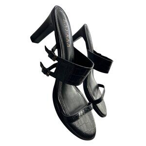 Lauren Ralph Lauren Black Leather Slip On Sandals GALAN Croc-Embossed Size 8